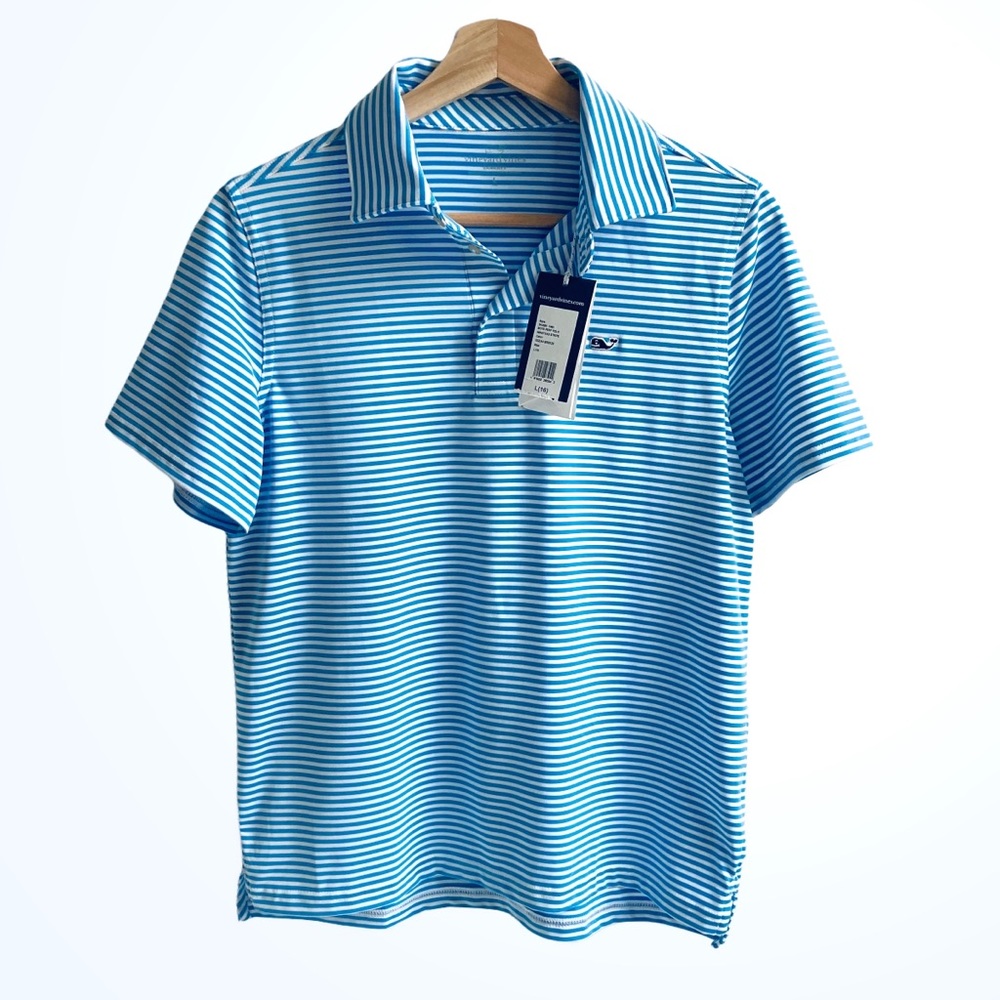 Vineyard Vines Boys Performance Winstead Stripe Polo Shirt Ocean Breeze Large 16